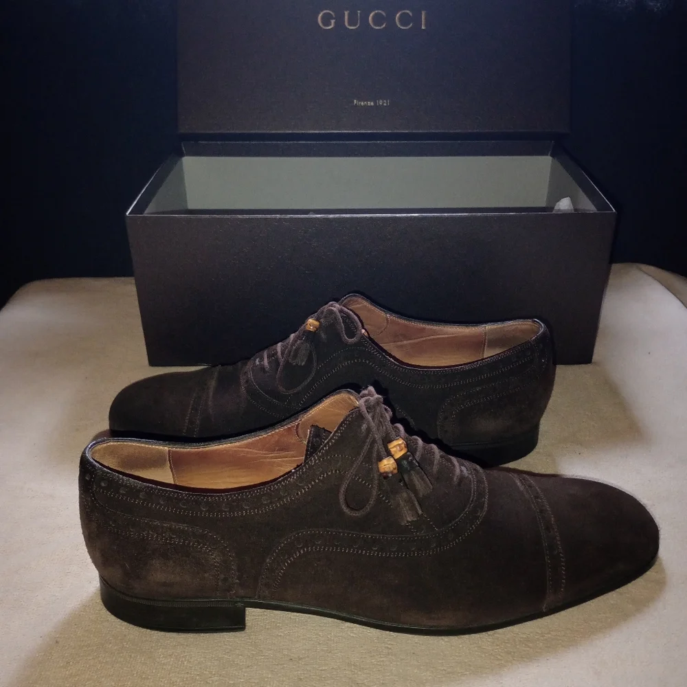 IOB Gucci Bamboo Accent Suede Brogues Men's Size: 9 - Picture 6 of 15